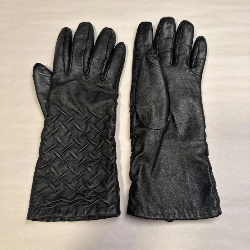 Vintage 90s Genuine Leather black Smocked Gauntlet Gloves‎ size L